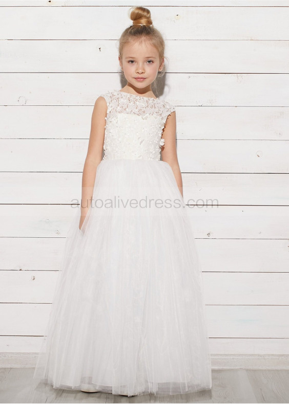 Ivory Lace Tulle 3D Flowers Keyhole Corset Back Flower Girl Dress